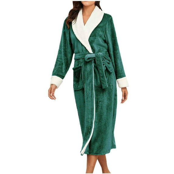 HAiming Womens Plush Fleece Bathrobe Long Sleeve Lapel Thicken Belt Long Robe Warm Cozy Nightgown Home Wear with Pocket