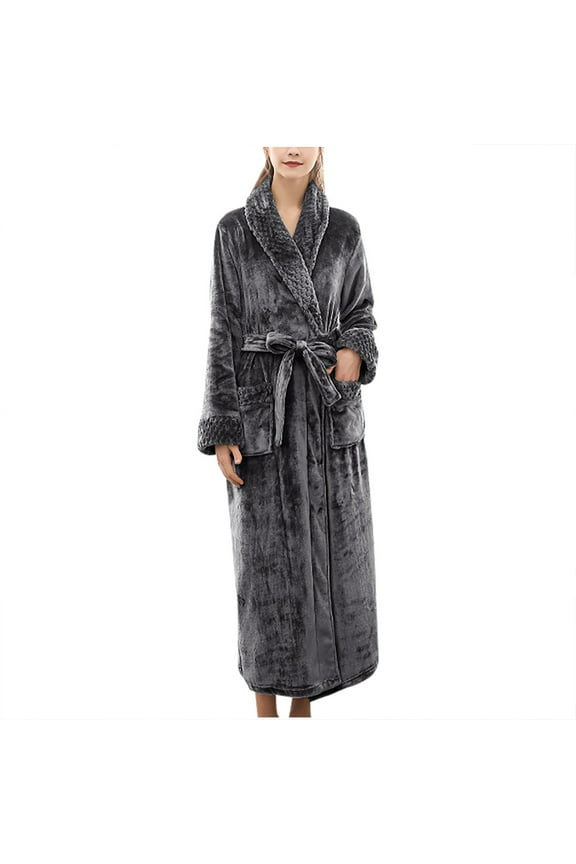 Womens Plush Fleece Bathrobe Winter Thickened Cozy Warm Fuzzy Spa Robe Casual Nightgown Home Wear with Belted