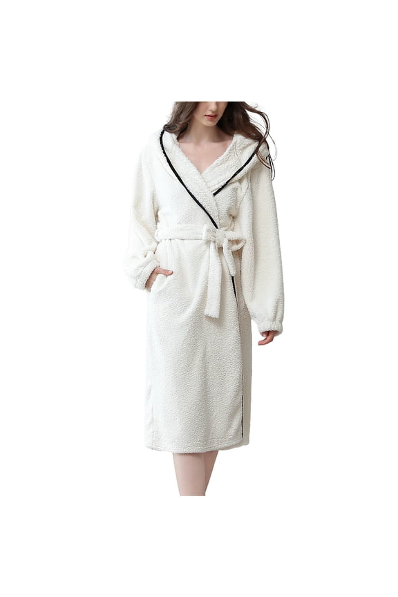 Womens Plush Long Bathrobes Cozy Soft Belt Nightgown Robes Winter Thicken Warm Casual Loungewear with Pocket