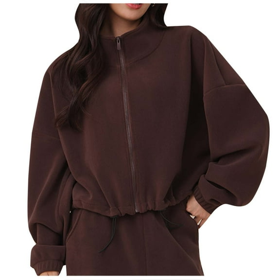 HAiming Womens Plush Sports Jacket Cropped Zip up Bottom Drawstring Casual Long Sleeve Solid Color Athletic Coats