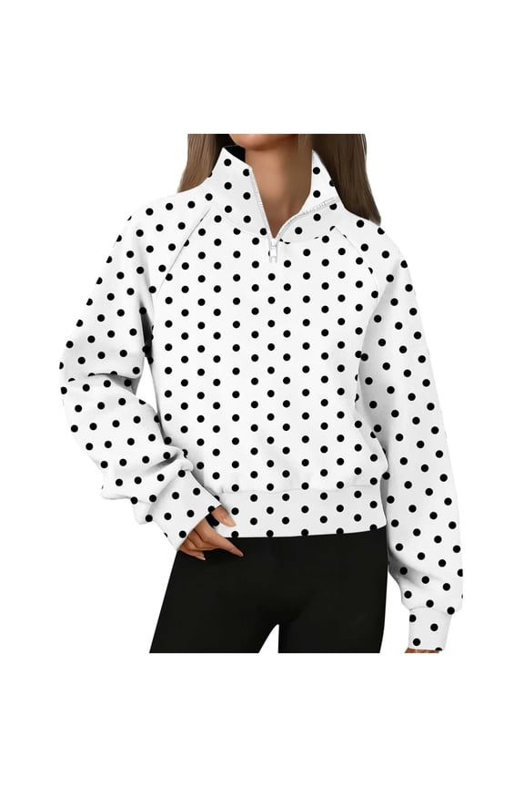 Womens Polka Dots Sweatshirt Casual Quarter Zip Stand Collar Long Sleeve Pulllover Tops Clothes