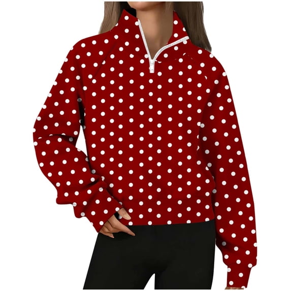 HAiming Womens Polka Dots Sweatshirt Casual Quarter Zip Stand Collar Long Sleeve Pulllover Tops Clothes