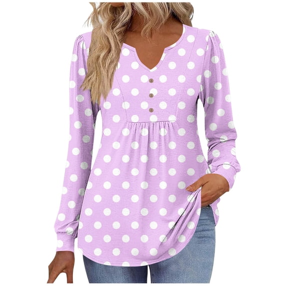 HAiming Womens Polka Dots Tops Casual Long Sleeve V Neck Button Shirts Loose Dressy Tunic Blouses Fall Fashion Clothes