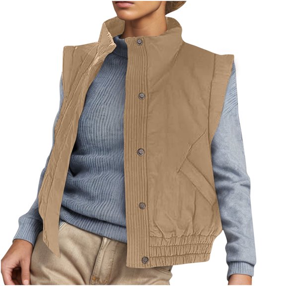 HAiming Womens Puffer Vest Stand Collar Sleeveless Button down Quilted Jacket Winter Casual Padded Coat with Pockets
