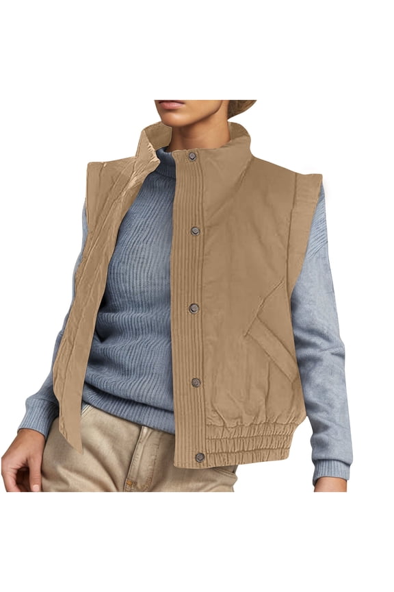 Womens Puffer Vest Stand Collar Sleeveless Button down Quilted Jacket Winter Casual Padded Coat with Pockets