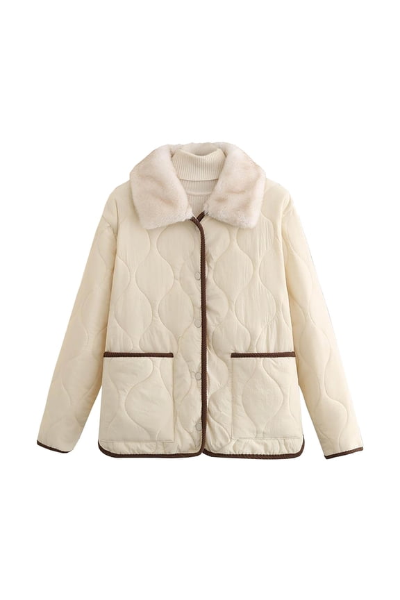 Womens Quilted Jacket Oversized Button Lapel Collar Fleece Lined Winter Warm Outerwear Coat with Pockets