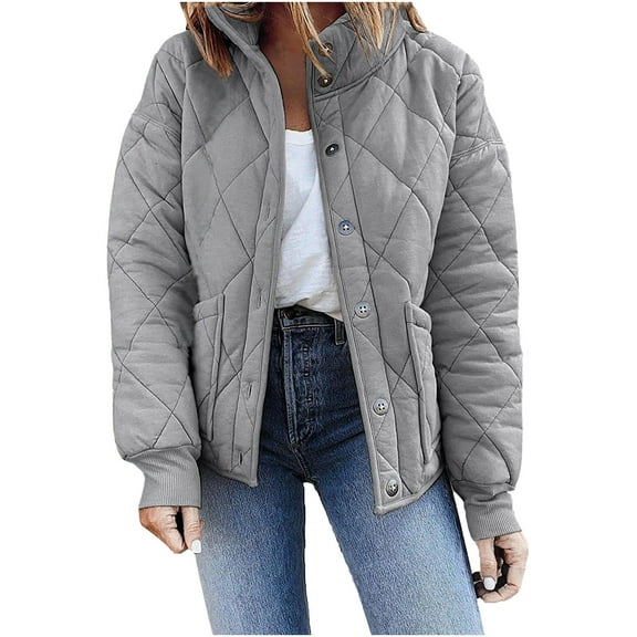 HAiming Womens Quilted Jackets Casual Long Sleeve Stand Button down Padded Coat Winter Thicken Warm Outwear Pockets