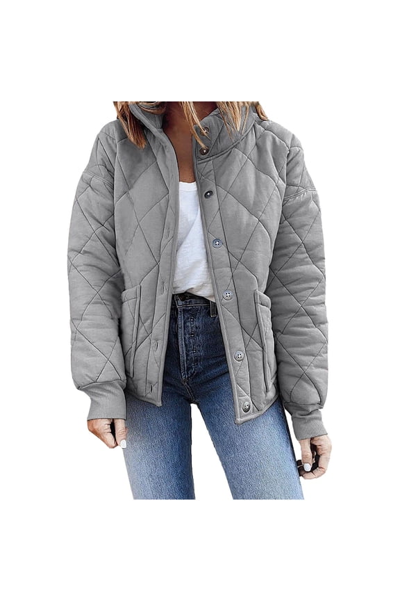 Womens Quilted Jackets Casual Long Sleeve Stand Button down Padded Coat Winter Thicken Warm Outwear Pockets