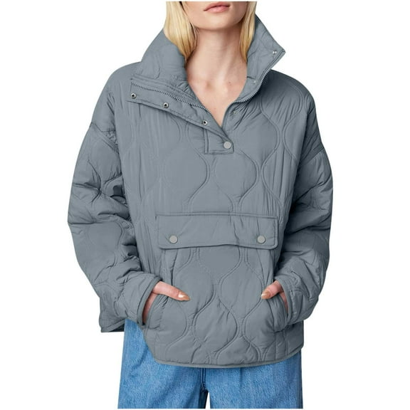 HAiming Womens Quilted Puffer Jackets Long Sleeve Half Zip up Pullover Tops Winter Warm Casual Padded Coat with Pocket