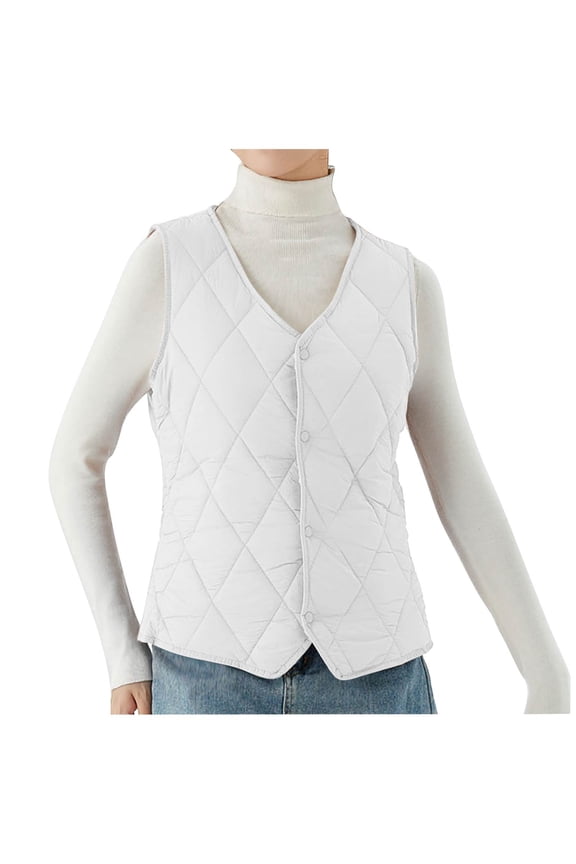 Womens Quilted Vest V Neck Button down Sleeveless Jacket Lightweight Puffer Coat Plus Size Casual Warm Outwear