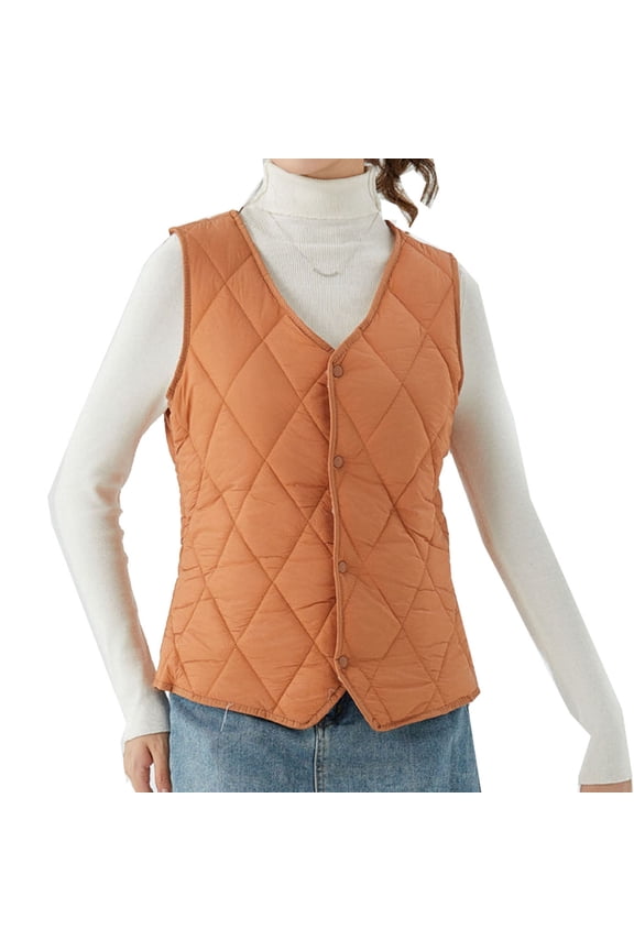 Womens Quilted Vest V Neck Button down Sleeveless Jacket Lightweight Puffer Coat Plus Size Casual Warm Outwear