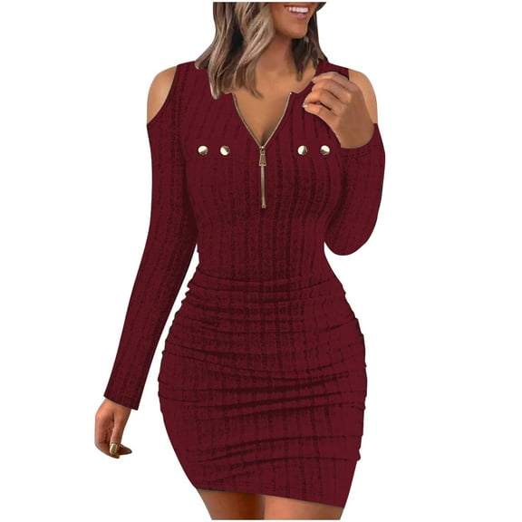 HAiming Womens Ribbed Knit Bodycon Dress Trendy off Shoulder Long Sleeve Half Zip V Neck Slim Ruched Mini Dresses