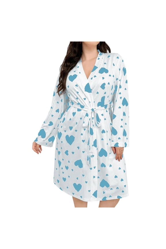 Womens Robe Lightweight Knitted Bathrobe Long-Sleeve Soft Comfy Spa Robe V Neck Sleepwear with Belt Blue
