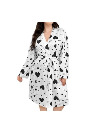 Womens Valentines Day heart Robe Lightweight Knitted Bathrobe Long-Sleeve Soft Comfy Spa Robe Sleepwear with Belt Black
