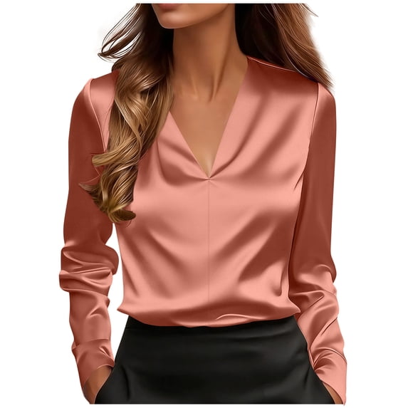HAiming Womens Satin Shirts Long Sleeve V Neck Solid Color Casual Business Trendy Clothing Pullover Tops