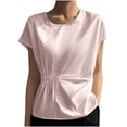 thumbnail image 1 of HAiming Womens Satin Silk Shirt Crew Neck Short Sleeve Waist Cincher Tops 2025 Summer Casual Solid Color Blouse, 1 of 3