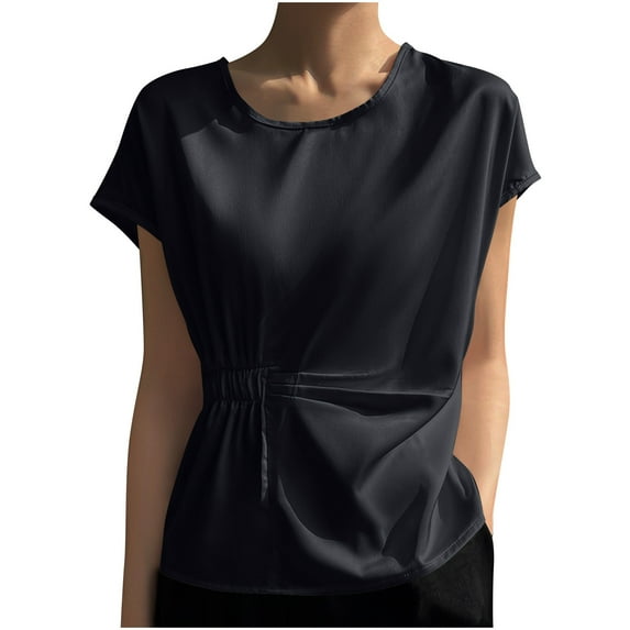 HAiming Womens Satin Silk Shirt Crew Neck Short Sleeve Waist Cincher Tops 2025 Summer Casual Solid Color Blouse