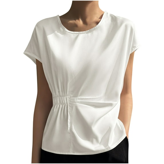 HAiming Womens Satin Silk Shirt Crew Neck Short Sleeve Waist Cincher Tops 2025 Summer Casual Solid Color Blouse