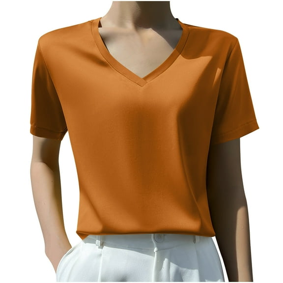HAiming Womens Satin Silk Short Sleeve Shirts Summer Solid Color V Neck Blouses Plus Size Casual Loose Tunic Tops