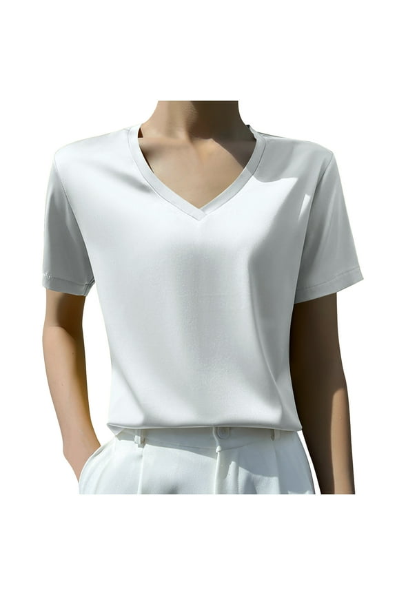 Womens Satin Silk Short Sleeve Shirts Summer Solid Color V Neck Blouses Plus Size Casual Loose Tunic Tops