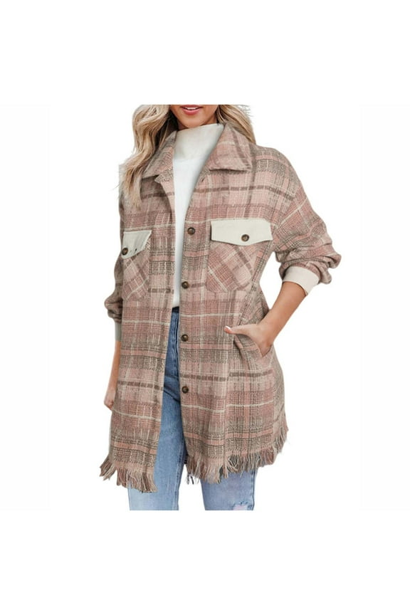 Womens Shacket Jacket Plaid Long Sleeved Button down Oversized Shirt Fall Casual Comfort Long Coat with Pocket