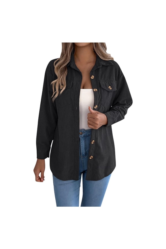 Womens Shirt Jacket Long Casual Button down Coat Lapel Collar Solid Color Outwear with Pockets