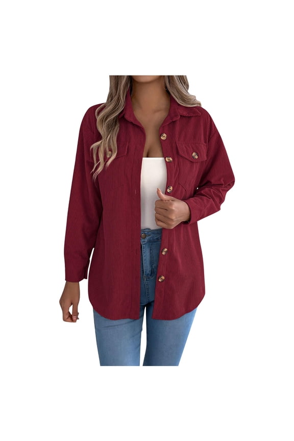 Womens Shirt Jacket Long Casual Button down Coat Lapel Collar Solid Color Outwear with Pockets