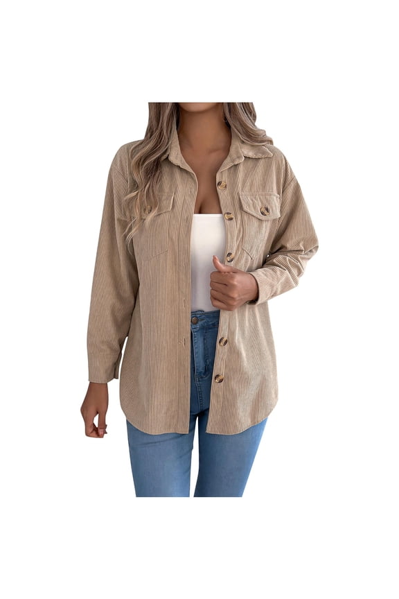 Womens Shirt Jacket Long Casual Button down Coat Lapel Collar Solid Color Outwear with Pockets