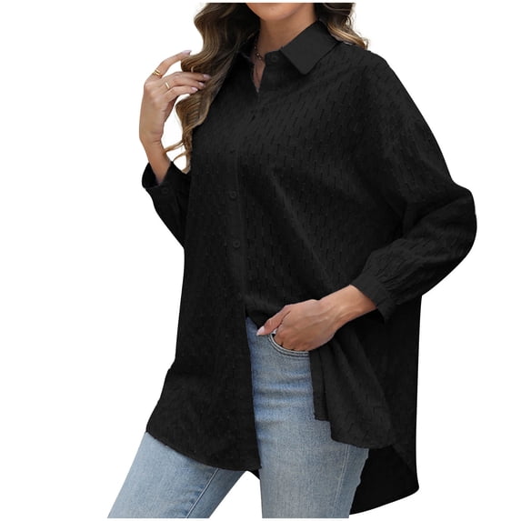 HAiming Womens Shirts 3/4 Sleeve Casual Button down Lapel Collar Solid Color Loose Long Pullover Tops