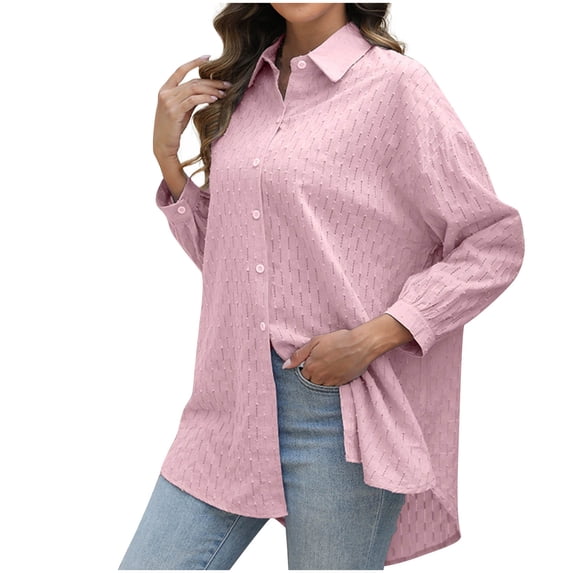 HAiming Womens Shirts 3/4 Sleeve Casual Button down Lapel Collar Solid Color Loose Long Pullover Tops