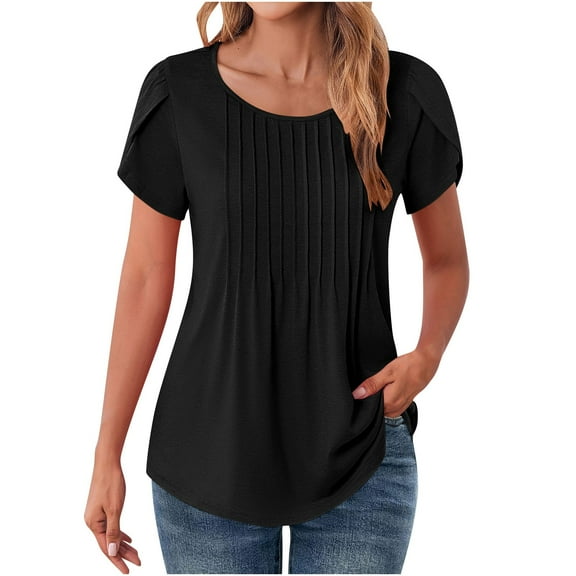 HAiming Womens Short Sleeve Round Neck Shirts Solid Color Casual Tunic Tops Summer Fashion Pleated Loose Tees Blouses