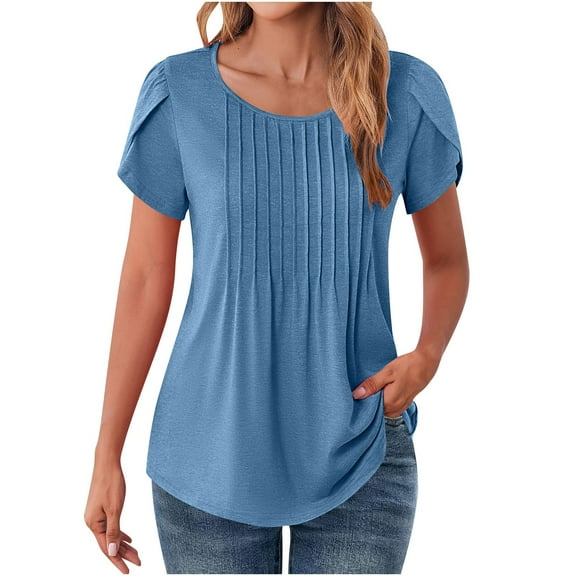 HAiming Womens Short Sleeve Round Neck Shirts Solid Color Casual Tunic Tops Summer Fashion Pleated Loose Tees Blouses