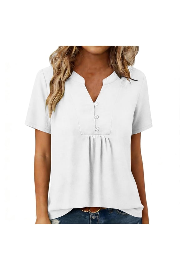 Womens Short Sleeve Shirt Button V Neck Casual Dressy Flowy Solid Color Loose Pleated Summer Clothes