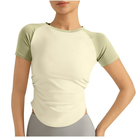 HAiming Womens Short Sleeve Slim Crop Tops Color Block Round Neck Basic Shirts Stretchy Summer Tees Blouse 2025