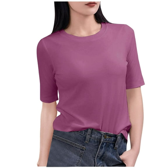 HAiming Summer Cotton Tops Women Crew Neck Short Sleeve T Shirts Casual Loose Tees Trendy Solid Color T Shirt