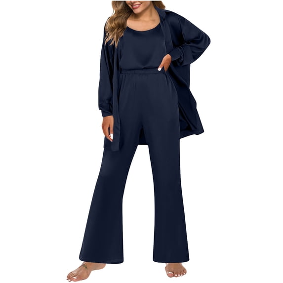 HAiming Womens Silk 3 Piece Pajamas Satin Camisole Sleepwear Button-Down Cardigan Tops and Pants Casual Loungewear Set