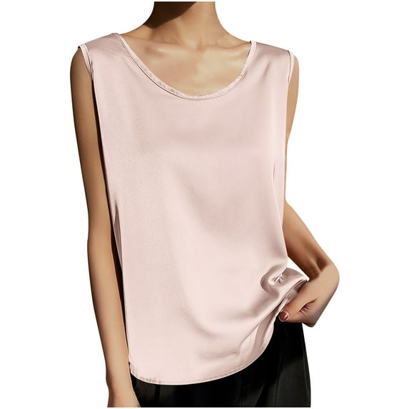 HAiming Womens Silk Satin Tank Tops Summer Round Neck Sleeveless Camisole Plus Size Casual Solid Color Vest Shirt