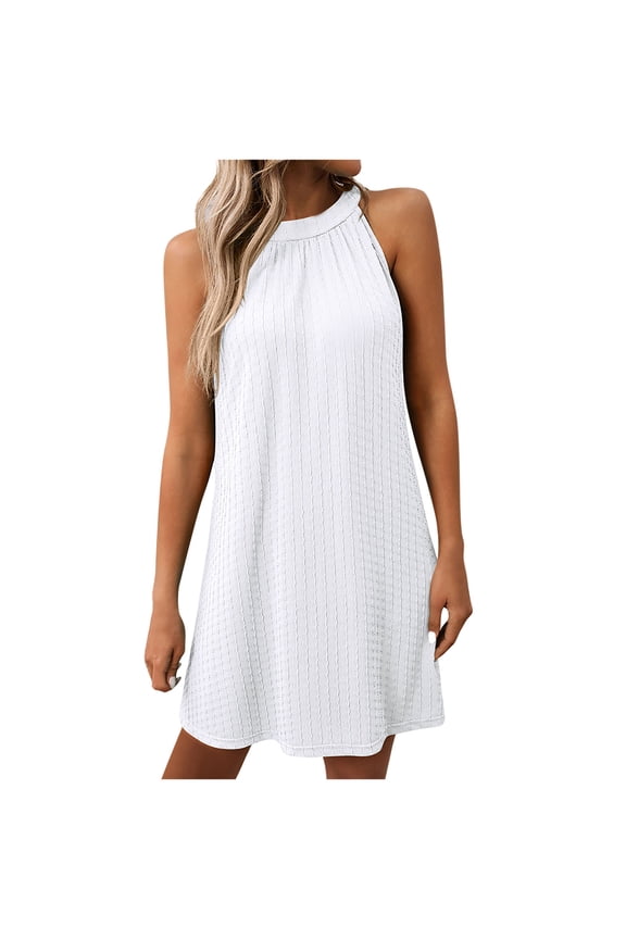 Womens Sleeveless A-Line Halter Dress Crewneck -Flowy Mini Sundress Vacation Beach Summer - Tank Dresses