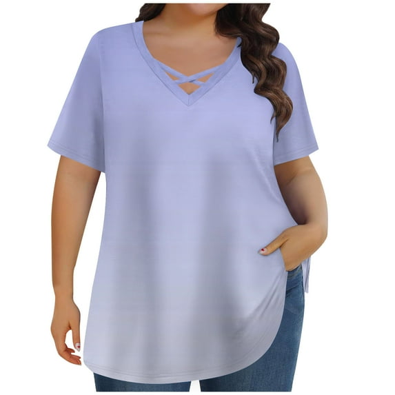 HAiming Plus Size Gradient Tops for Women Short Sleeve T Shirt V Neck Summer Tee Blouses Going out Clothes