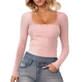 thumbnail image 1 of HAiming Womens Slim Ribbed Knit Shirts Trendy Lace Stitching V Neck Long Sleeve Crop Tops Fall Casual Basic Blouse, 1 of 5