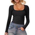 thumbnail image 1 of HAiming Womens Slim Ribbed Knit Shirts Trendy Lace Stitching V Neck Long Sleeve Crop Tops Fall Casual Basic Blouse, 1 of 5