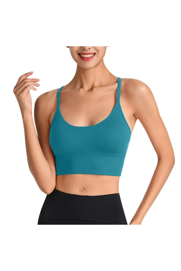 Womens Spaghetti Strap Sports Bra Scoop Neck Wireless Stretchy Yoga Workout Crop Pullover Top