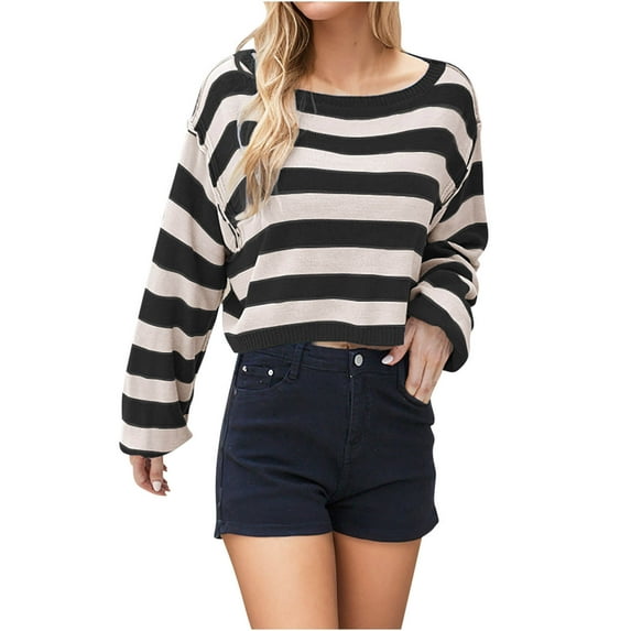 HAiming Womens Striped Color Block Sweaters Long Sleeve Crewneck Pullover Cropped Tops Fall Winter Casual Knit Blouse