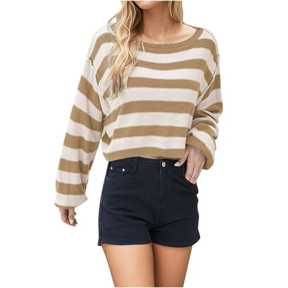 HAiming Womens Striped Color Block Sweaters Long Sleeve Crewneck Pullover Cropped Tops Fall Winter Casual Knit Blouse