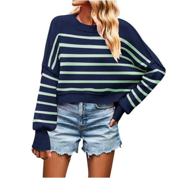HAiming Womens Striped Cropped Sweaters Casual Long Sleeve Crew Neck Fall Loose Pullover Ribbed Knit Tops