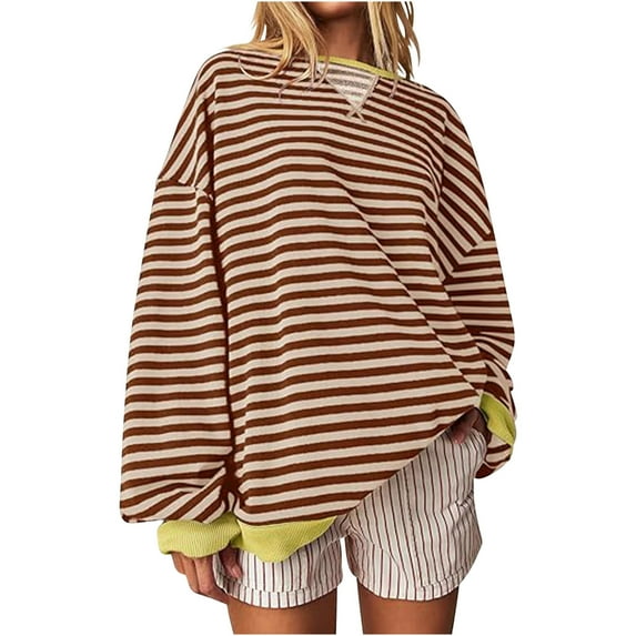 HAiming Womens Striped Oversized Sweatshirt Fall Color Block Long Sleeve Blouse Casual Loose Crew Neck Pullover Tops