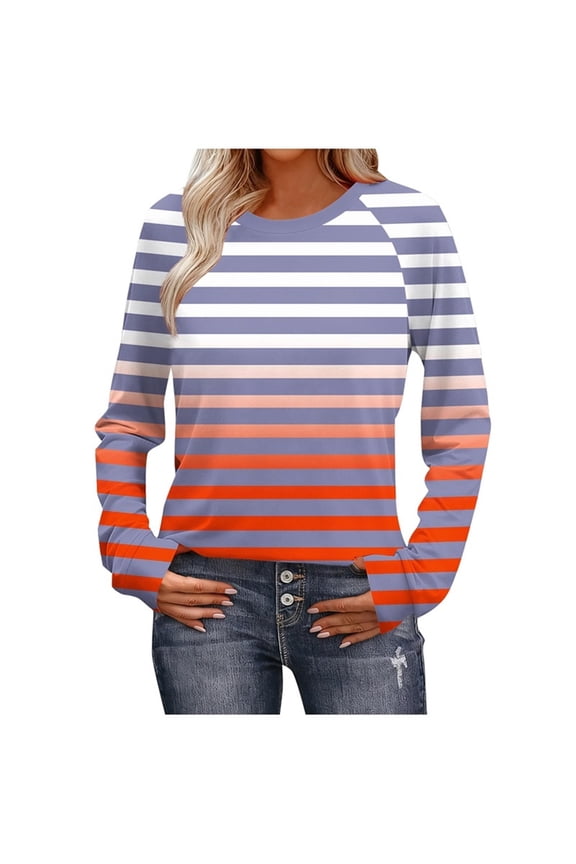 Womens Striped Shirt Long Sleeve Round Neck Pullover Basic Tops Lightweight Trendy Clothes