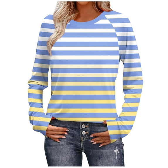 HAiming Womens Striped Shirt Long Sleeve Round Neck Pullover Basic Tops Lightweight Trendy Clothes