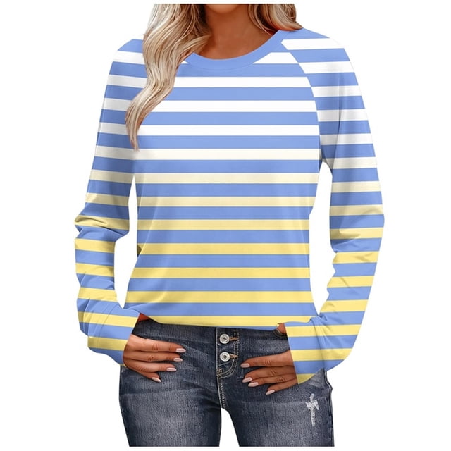 HAiming Womens Striped Shirt Long Sleeve Round Neck Pullover Basic Tops Lightweight Trendy Clothes