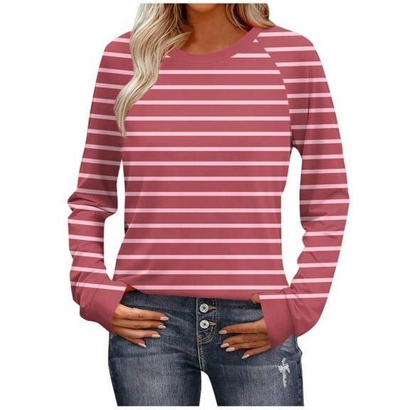 HAiming Womens Striped Shirt Long Sleeve Round Neck Pullover Basic Tops Lightweight Trendy Clothes